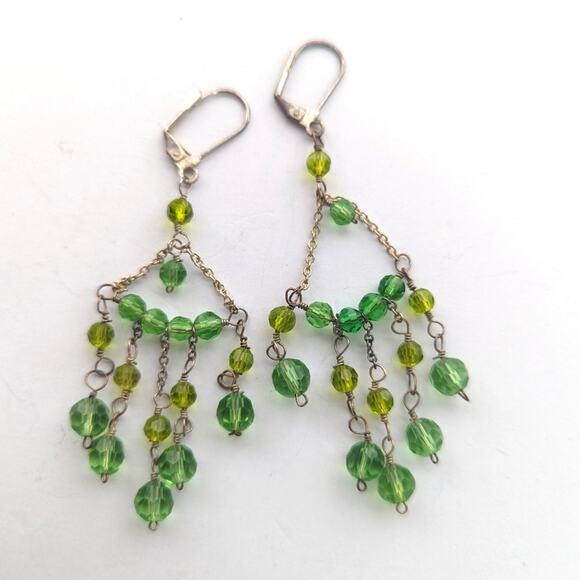 Vintage Silver Tone Leverback Peridot Green Beaded Chandelier Dangle Earrings - Picture 3 of 3